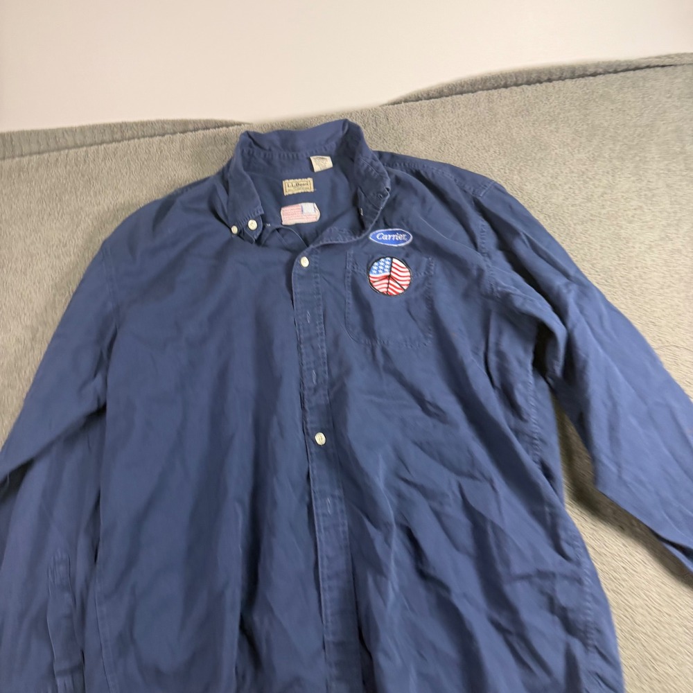 LL Bean Mens XL Navy Blue Cotton Twill Button Down Shirt Carrier Patch 0MT34